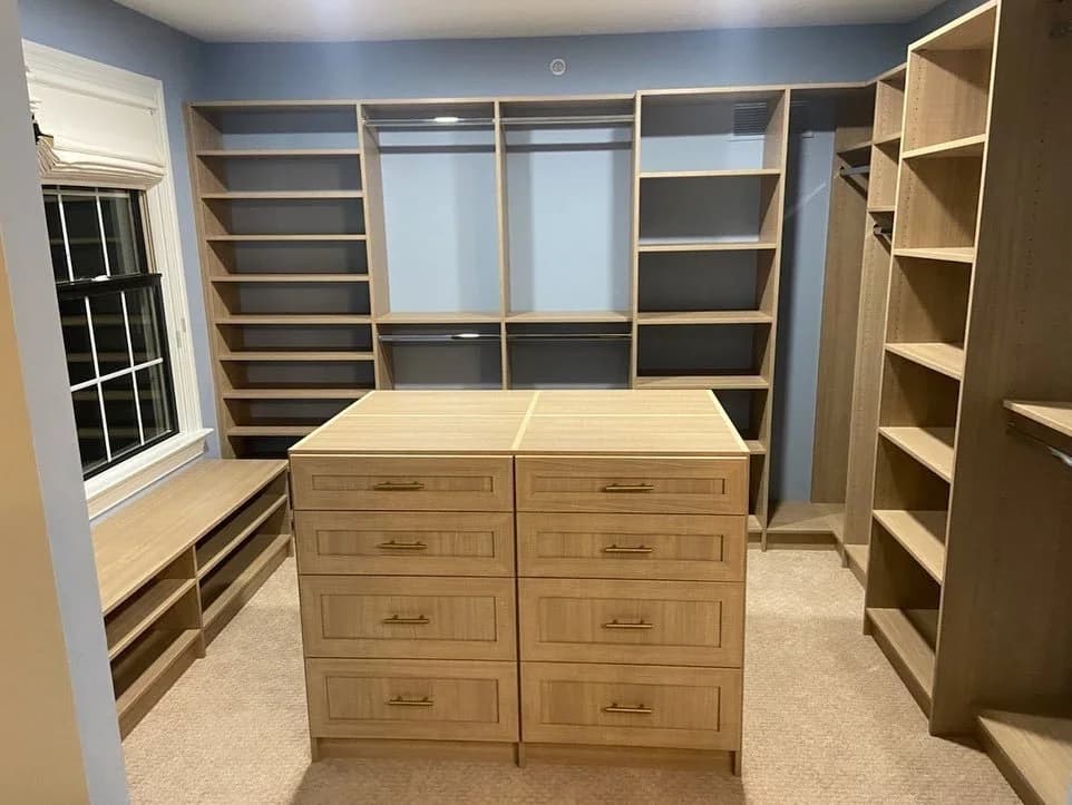 Tan-finish cabinets with shelves