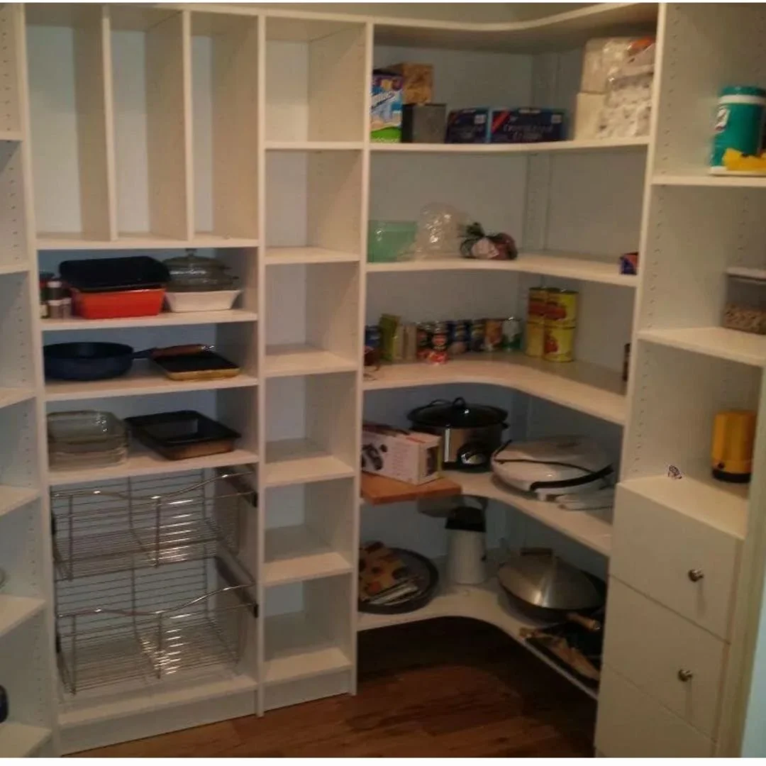 Custom corner pantry with baskets and adjustable shelves