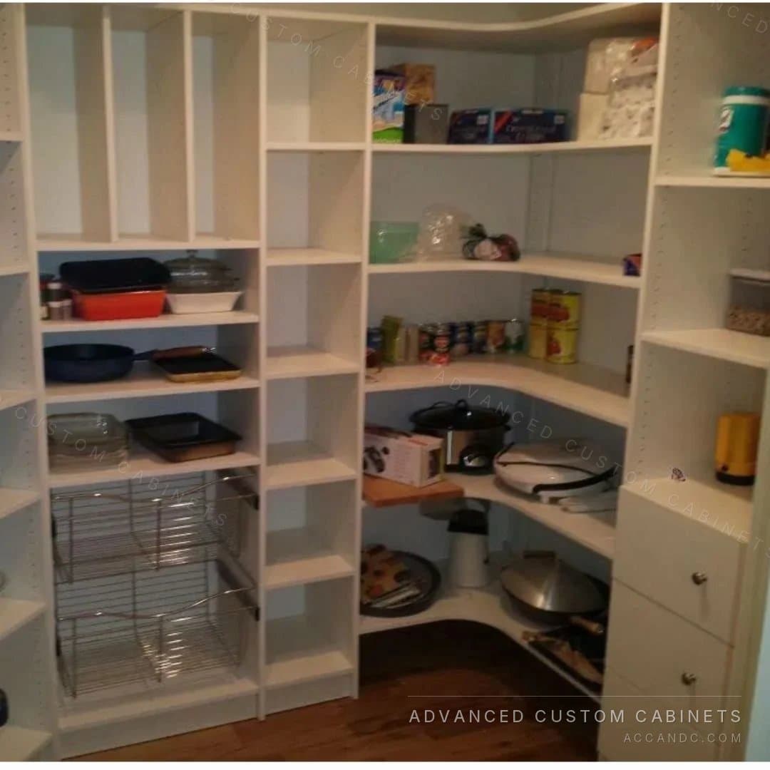 Custom corner pantry with baskets and adjustable shelves