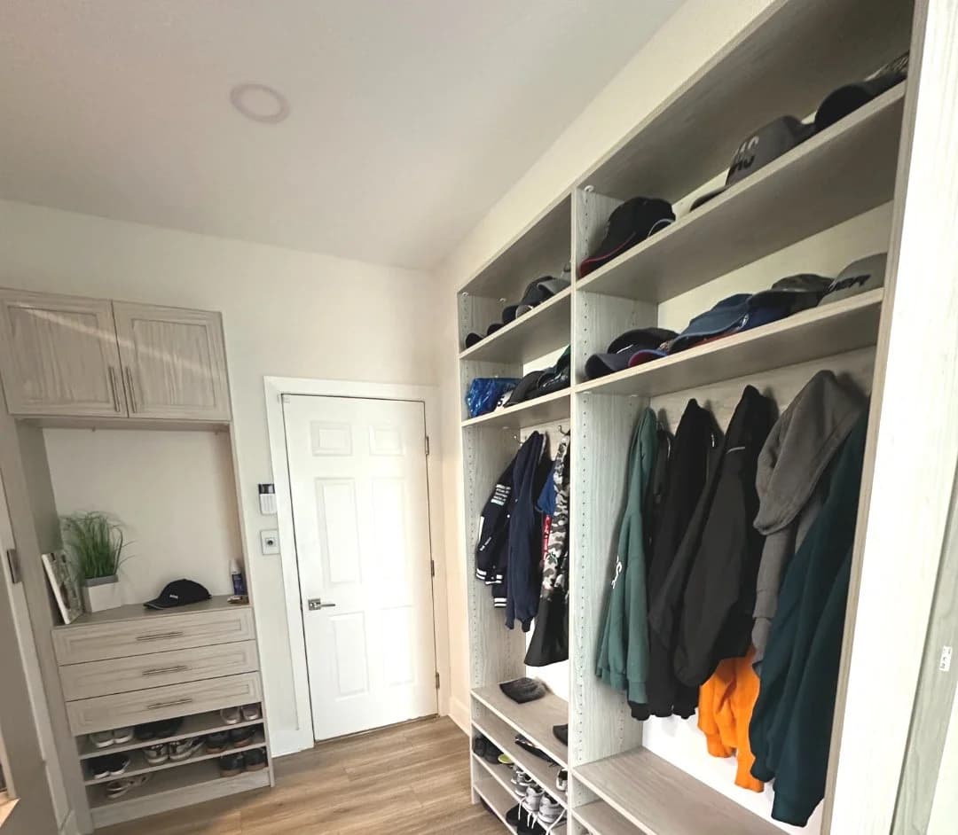 Custom mudroom unit for jackets, hats, and shoes